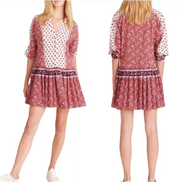 Veronica Beard Jesila Cotton Patchwork Boho Cottage Mini Dress Women's XS PINK - Picture 2 of 10